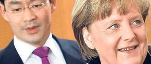 Bitte recht freundlich. CDU-Chefin Angela Merkel und FDP-Chef Philipp Rösler gaben sich am Sonntagabend beim Koalitionsausschuss alle Mühe, Harmonie auszustrahlen. Nach der Arbeit gab es sogar noch ein Glas Rotwein. Foto: Clemens Bilan/dapd