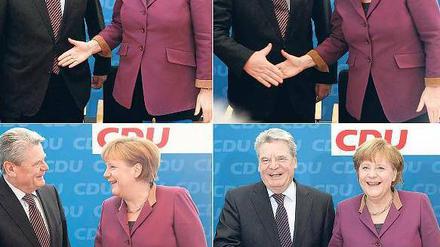 Szenen einer Ehre. Endlich akzeptiert auch Angela Merkel den Kandidaten Joachim Gauck. Woraufhin dieser nach dem Treffen mit der Kanzlerin fröhlich bekannte, dass für ihn „nun die Sonne scheint“. Foto: Fabrizio Bensch/Reuters