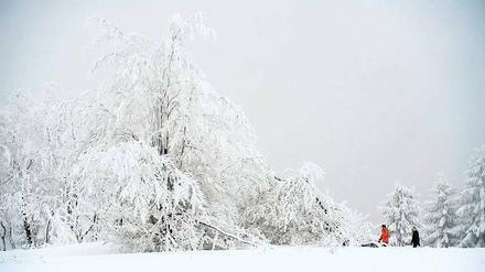 Winterlandschaft. Wanderer auf dem Kahlen Asten im Hochsauerland. 