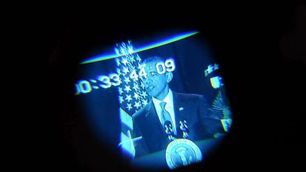 Der Präsident im Fokus. Barack Obama im Suchfinder einer Kamera im Januar 2012.