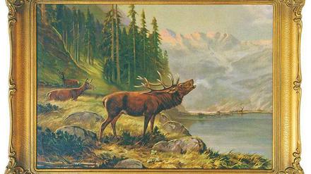 Kitsch und Kult. Röhrender Hirsch auf der Lithografie „Brunftmorgen“, nach einer Vorlage von Moritz Müller, um 1925.
