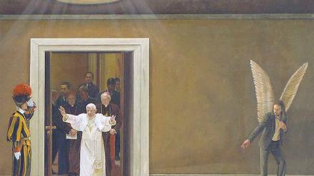 Der Papst kommt. Das Gemälde von Aris Kalaizis, der 1966 in Leipzig geboren wurde, trägt den Titel „make/believe“ (2009). Es wird von der Maerzgalerie Leipzig/Berlin zur Verfügung gestellt. 