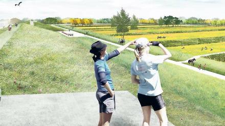 So soll der Park zwischen der Potsdamer Chaussee und der Siedlung Habichtswald, dem Luftwaffenmuseum und der Landstadt aussehen. Links ist der ehemalige Schießplatz zu sehen, rechts der Flugplatz. Dazwischen der Lärmschutzwall.