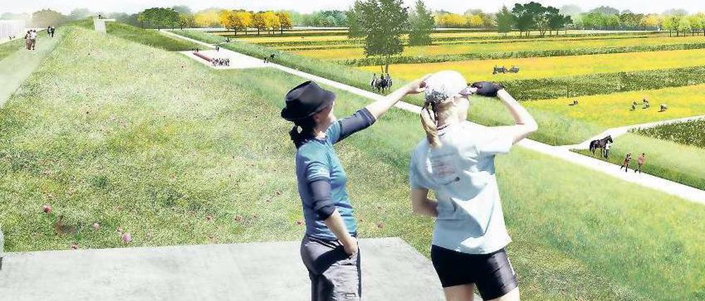 So soll der Park zwischen der Potsdamer Chaussee und der Siedlung Habichtswald, dem Luftwaffenmuseum und der Landstadt aussehen. Links ist der ehemalige Schießplatz zu sehen, rechts der Flugplatz. Dazwischen der Lärmschutzwall.