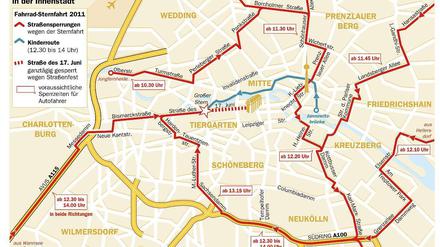 Die meisten Straßen sind nur vorübergehend gesperrt. Nur die Straße des 17. Juni bleibt den ganzen Sonntag über tabu für Autofahrer.