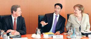 Zur Rechten der Kanzlerin. Bundeswirtschaftsminister Philipp Rösler rückte als neuer Vizekanzler auf Guido Westerwelles früheren Platz neben Angela Merkel. Foto: Wolfgang Kumm/dpa