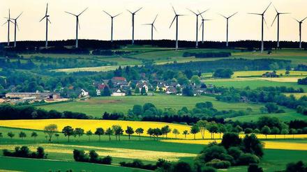 Teamarbeit. Ein Rapsfeld zur Agrarspritproduktion vor einem Windpark in der Eifel. Beiden traut der Weltklimarat eine bedeutende Rolle im künftigen Energiesystem zu. 