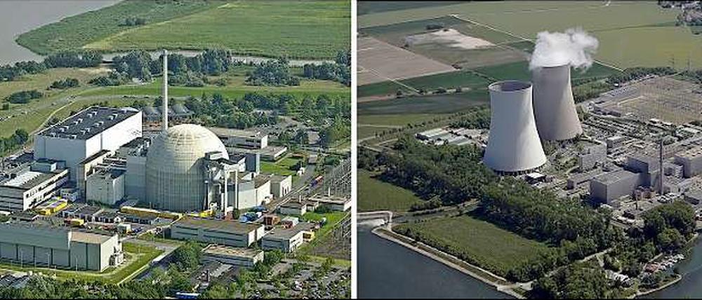 Sechs der sieben AKW, die vom Netz gehen: Neckarwestheim, Biblis, Brunsbüttel, Isar I, Unterweser und Philippsburg (von oben links nach unten rechts).