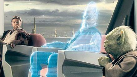 Mittendrin. Dank Holografie kann ein leidlich perfektes Abbild des Körpers an jeden beliebigen Ort transportiert und dort wieder „zusammengesetzt“ werden. Bekannt wurde die visionäre Technik vor allem durch Sciencefiction-Filme, wie hier in „Star Wars: Episode III - Die Rache der Sith“ (USA 2005, Regie: George Lucas).Foto: Lucasfilm/Cinetext Bildarchiv