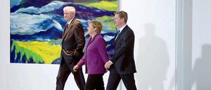 Kanzlerin Angela Merkel, Außenminister Guido Westerwelle und der bayerische Ministerpraesident Horst Seehofer am Sonntag im Bundeskanzleramt.