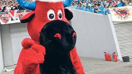 Rinder-Wahnsinn. Das RB-Maskottchen jubelt nun im Leipziger WM-Stadion. Foto: dpa