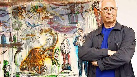 Sigmar Polke im Museum für Gegenwartskunst in Siegen vor einem seiner unbetitelten Werke.
