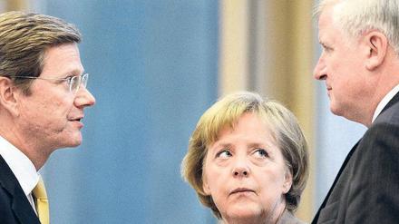 Profilierung in Schwarz-Gelb. Bundeskanzlerin Angela Merkel mit ihren Partnern Horst Seehofer (CSU, rechts) und Guido Westerwelle (FDP) am Rande der Koalitionsverhandlungen im vergangenen Herbst in Berlin. Foto: dpa