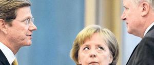 Profilierung in Schwarz-Gelb. Bundeskanzlerin Angela Merkel mit ihren Partnern Horst Seehofer (CSU, rechts) und Guido Westerwelle (FDP) am Rande der Koalitionsverhandlungen im vergangenen Herbst in Berlin. Foto: dpa