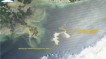 Nicht weit von New Orleans. Dieses Satellitenbild der Nasa zeigt den Ölteppich im Golf von Mexiko. Foto: dpa