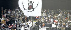 Unter dem Zeichen des Eisbären. Die treuesten Berliner Anhänger feuern ihre Mannschaft von der Stehplatztribüne aus an.
