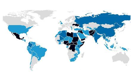 Auf der nach Staaten aufgeteilten Karte wird vor allem das Ausmaß der Gewalt in Zentralafrika sichtbar. Aber auch Länder wie Mexiko, in den Köpfen der meisten Menschen nicht unbedingt Kriegsgebiet, sind dunkelblau gefärbt.