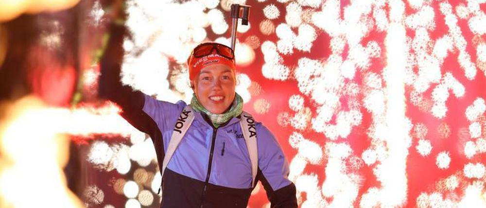 Laura Dahlmeier hatte auf Schalke ein letztes Mal ihr Gewehr umgeschnallt.