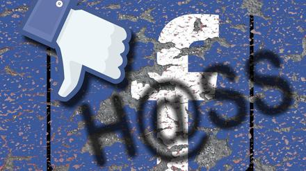 Facebook Logo auf erodierendem Grund mit Schriftzug Hass und nach unten gerichtetem Dislike Daumen.
