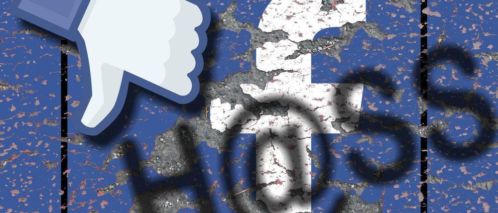 Facebook Logo auf erodierendem Grund mit Schriftzug Hass und nach unten gerichtetem Dislike Daumen.