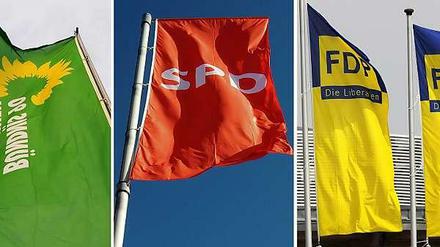Flaggen der im Bundestag vertretenen Parteien Linke, Grüne, SPD, FDP und CDU