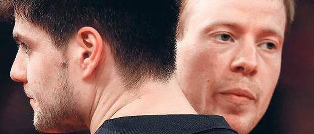 Sieg unter Freunden. Patrick Baum (r.) nach seinem Erfolg gegen Dimitrij Ovtcharov – am Ende nutzte aber auch Baum diese Überraschung nicht, im Viertelfinale schied er aus.