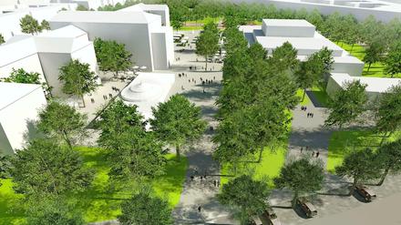 Die Bar jeder Vernunft soll näher an die Schaperstraße rücken. Im Modell steht sie zwischen dem UdK-Bau (links) und dem breiten Weg.