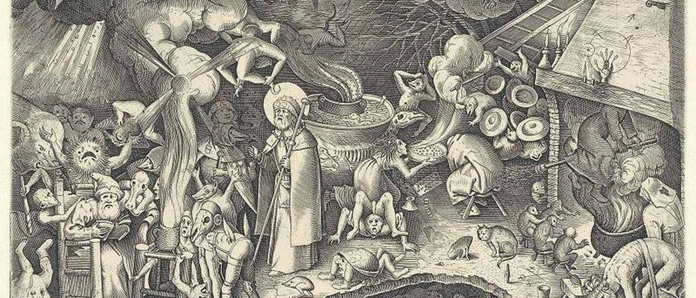Pieter Bruegels Kupferstich "Jakob beim Zauberer" (1565) gilt als erste Darstellung einer Hexe auf dem Besen. Sie verschwindet rechts im Kamin. Auch die Katze ist nicht weit.