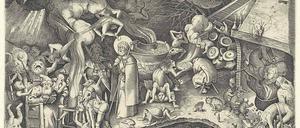 Pieter Bruegels Kupferstich "Jakob beim Zauberer" (1565) gilt als erste Darstellung einer Hexe auf dem Besen. Sie verschwindet rechts im Kamin. Auch die Katze ist nicht weit. 
