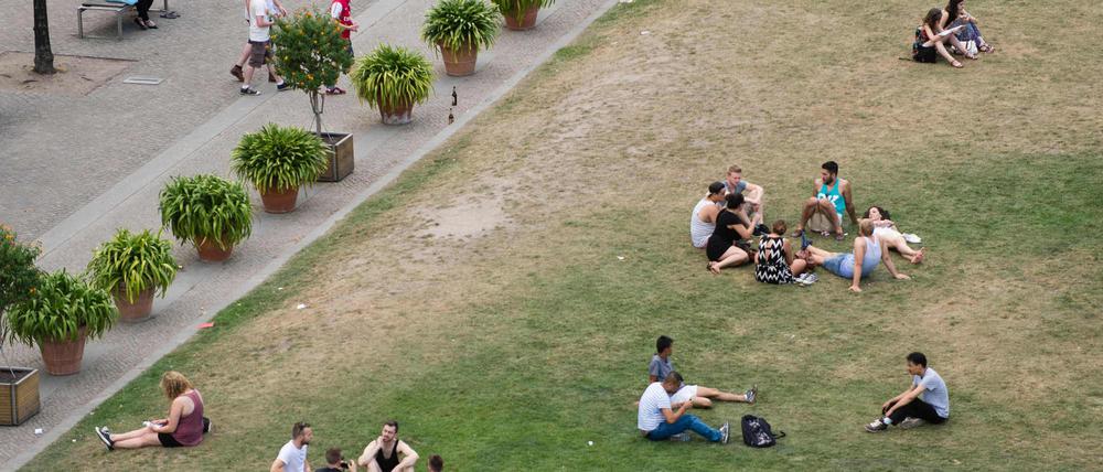 Touristen und Berliner entspannen sich im August auf einer Wiese im Lustgarten in Berlin. 