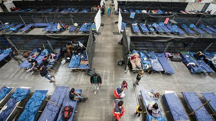 Notunterkunft. Flüchtlinge in Rottenburg (Baden-Württemberg) auf Feldbetten.