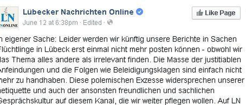 Radikaler Schritt: Die "Lübecker Nachrichten" werden auf ihrer Facebook-Seite künftig nicht mehr Berichte über Flüchtlinge in Lübeck veröffentlichen.