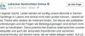 Radikaler Schritt: Die "Lübecker Nachrichten" werden auf ihrer Facebook-Seite künftig nicht mehr Berichte über Flüchtlinge in Lübeck veröffentlichen. 