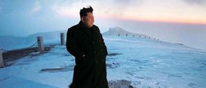 Ein Bild aus den Medien in Nordkorea: Machthaber Kim Jong Un auf dem 2750 Meter hohen Berg Paektu.