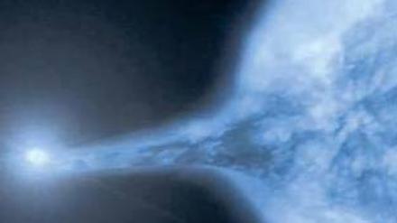 Eine Supernova (heller Stern links) kurz vorm Ausbruch. In einem Doppelsternsystem kann eine solche Sternexplosion den Zwillingsstern aus der Galaxie werfen.