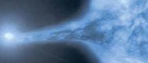 Eine Supernova (heller Stern links) kurz vorm Ausbruch. In einem Doppelsternsystem kann eine solche Sternexplosion den Zwillingsstern aus der Galaxie werfen.