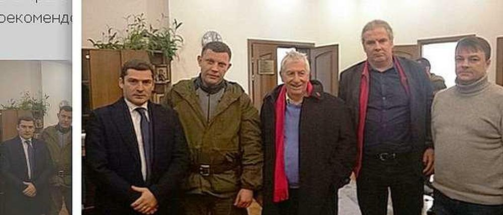 Erinnerungsfoto. Linken-Bundestagsabgeordnete Wolfgang Gehrcke (3. von links) und Andrej Hunko mit Separatistenführer Alexander Sachartschenko in Donezk - auf der Onlineseite novorossijanews.ru
