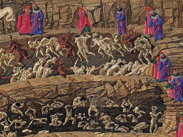 Sandro Botticellis „Dante und Vergil im achten Höllenkreis (Inferno XVIII)“, ca. 1481–1488.