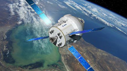 Zukunftstraum. Die Grafik zeigt, wie das europäische Antriebsmodul die Nasa-Kapsel „Orion“ auf Kurs bringt. Sie soll 2021 erstmals mit einer Crew zum Mond fliegen, jedoch ohne zu landen. Mitte der 2030er Jahre will die Nasa bemannt zum Mars fliegen. 