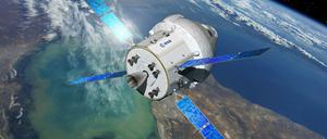 Zukunftstraum. Die Grafik zeigt, wie das europäische Antriebsmodul die Nasa-Kapsel „Orion“ auf Kurs bringt. Sie soll 2021 erstmals mit einer Crew zum Mond fliegen, jedoch ohne zu landen. Mitte der 2030er Jahre will die Nasa bemannt zum Mars fliegen. 