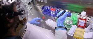 Eine Labormitarbeiterin hantiert mit Chemikalien.