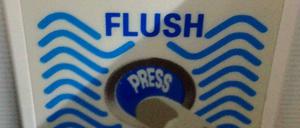 Der Knopf einer Toilettenspülung in einem Flugzeug der Lufthansa auf dem Weg von Detroit nach Frankfurt. Die Anzeige des Wasservorrates war defekt.