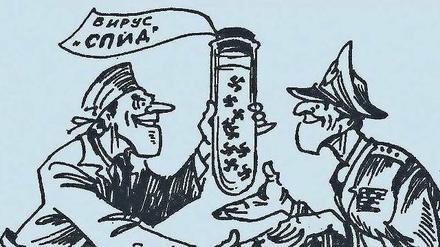 In der Prawda, dem Zentralorgan der KPdSU, erschien im Oktober 1986 eine Karikatur, die die KGB-These vom Aidsvirus als biologischem Kampfstoff illustriert.