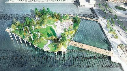 Auf Stelzen und Planken. Dieses Computerbild zeigt eine Projektstudie für „Pier 55“. Dort soll es ruhig zugehen, ohne großes Entertainment.