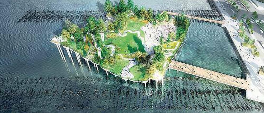 Auf Stelzen und Planken. Dieses Computerbild zeigt eine Projektstudie für „Pier 55“. Dort soll es ruhig zugehen, ohne großes Entertainment.