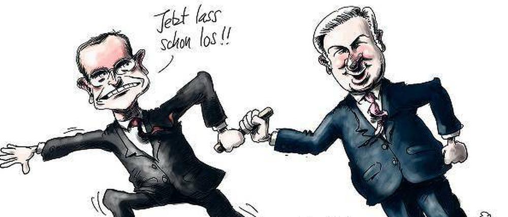 Fliegender Wechsel, auch für den Karikaturisten: Der alte und der neue Regierende Bürgermeister, wie Stuttmann sie sieht.