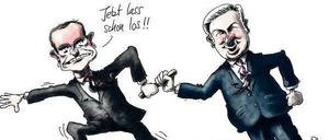 Fliegender Wechsel, auch für den Karikaturisten: Der alte und der neue Regierende Bürgermeister, wie Stuttmann sie sieht.