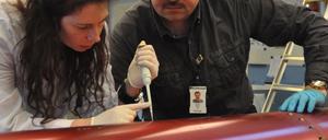 Cora Thiel und Oliver Ullrich sammeln Erbgutmoleküle von der äußeren Hülle einer Texus-Rakete, die den Wiedereintritt in die Atmosphäre überstanden haben.