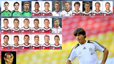 Bundestrainer Joachim Löw und der Kader der deutschen Fußball-Nationalmannschaft für die WM in Brasilien: (oben von links nach rechts) Torwart Manuel Neuer, Torwart Roman Weidenfeller, Torwart Ron-Robert Zieler, Jerome Boateng, Philipp Lahm, Erik Durm, Kevin Großkreutz, Mats Hummels, Matthias Ginter, Benedikt Höwedes, Per Mertesacker, (Mitte von links nach rechts) Julian Draxler, Mario Götze, Toni Kroos, Thomas Müller, Bastian Schweinsteiger, Christoph Kramer, (unten von links nach rechts) Sami Khedira, Mesut Özil, Lukas Podolski, Marco Reus, Andre Schürrle, Miroslav Klose 