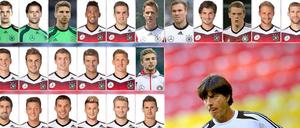 Bundestrainer Joachim Löw und der Kader der deutschen Fußball-Nationalmannschaft für die WM in Brasilien: (oben von links nach rechts) Torwart Manuel Neuer, Torwart Roman Weidenfeller, Torwart Ron-Robert Zieler, Jerome Boateng, Philipp Lahm, Erik Durm, Kevin Großkreutz, Mats Hummels, Matthias Ginter, Benedikt Höwedes, Per Mertesacker, (Mitte von links nach rechts) Julian Draxler, Mario Götze, Toni Kroos, Thomas Müller, Bastian Schweinsteiger, Christoph Kramer, (unten von links nach rechts) Sami Khedira, Mesut Özil, Lukas Podolski, Marco Reus, Andre Schürrle, Miroslav Klose 